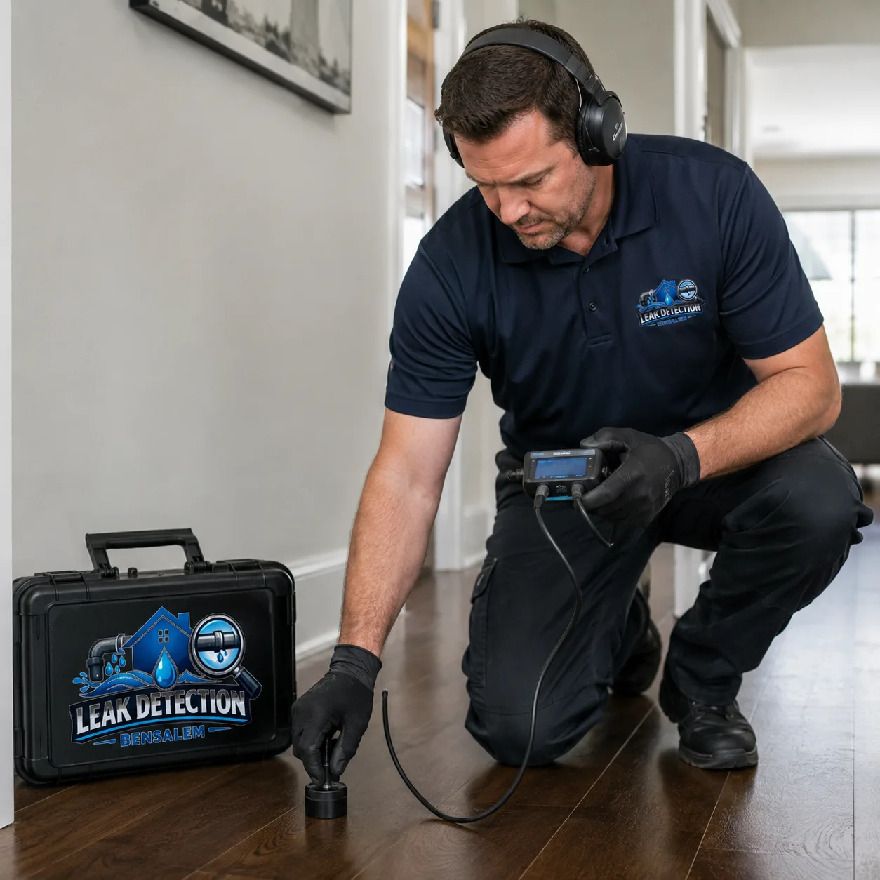 water leak detection equipment locating concealed plumbing leak beneath flooring