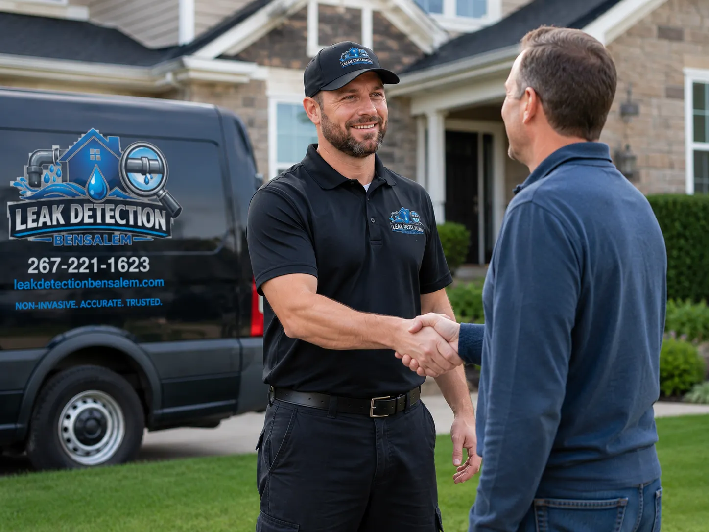Professional water leak detection specialists discussing an inspection with a homeowner in Bensalem PA