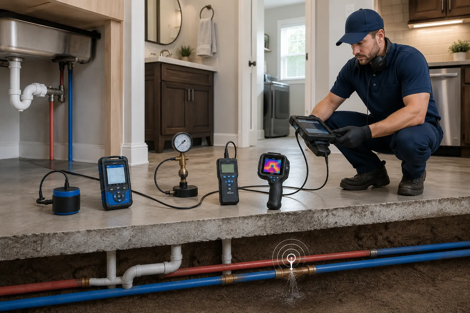 Professional inspecting concealed plumbing beneath a concrete slab during a slab leak detection service in Bensalem