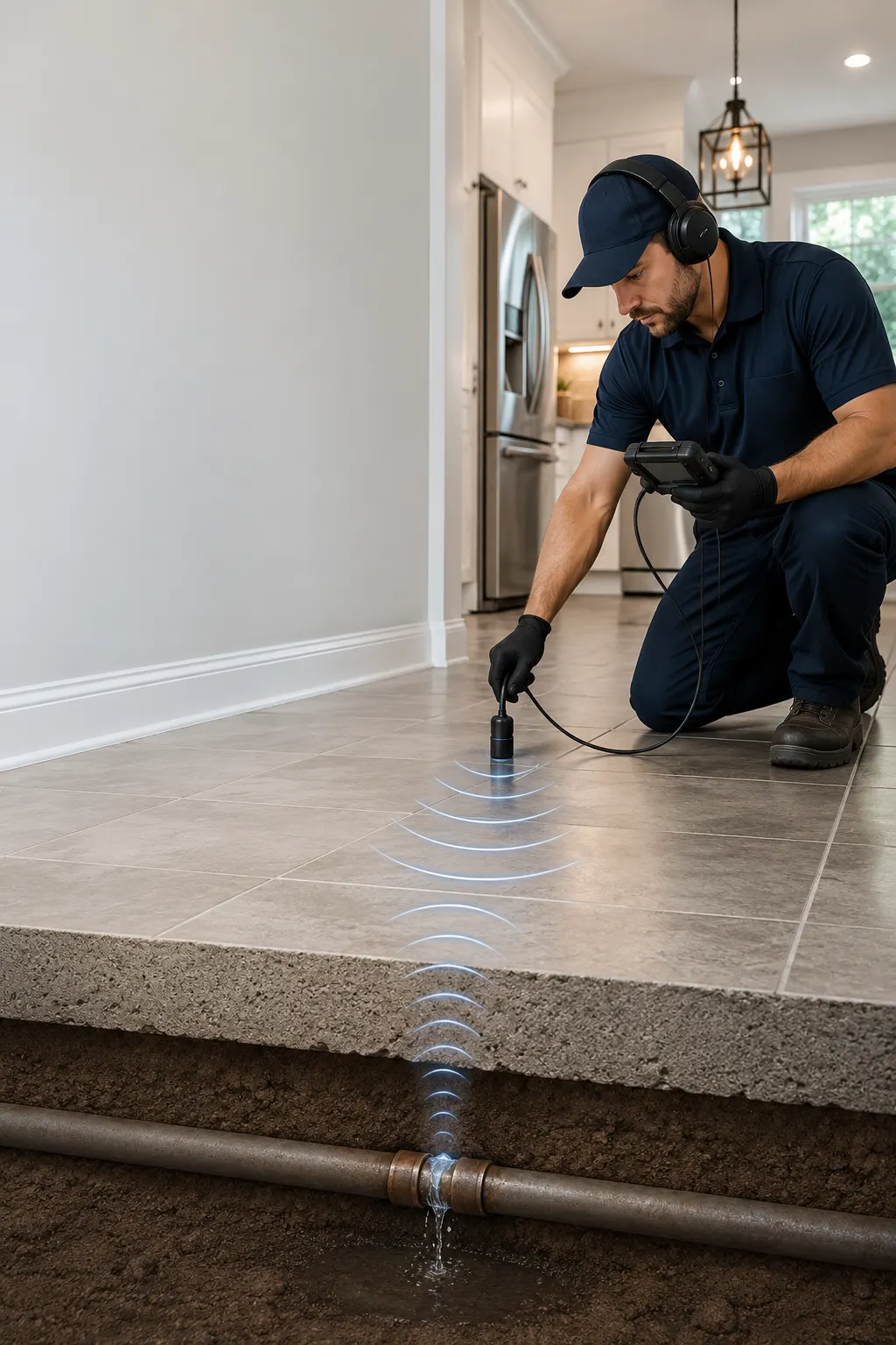 Slab leak detection technician locating a hidden pipe leak beneath a concrete floor in Bensalem PA