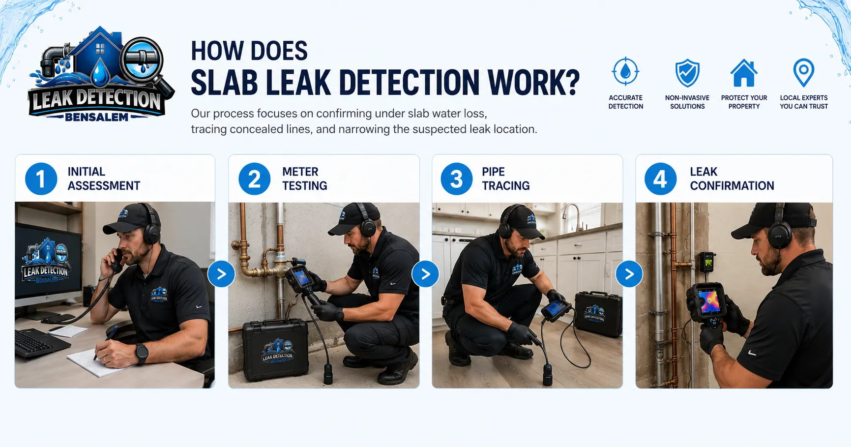 Slab leak detection process using meter testing, pressure testing, pipe tracing, and acoustic equipment